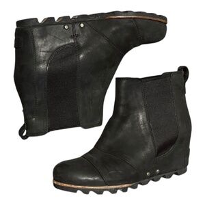 Sorel Lea Wedge Winter Leather Boots Original 8.5New Black Quarry